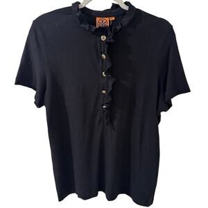 Tory Burch Lidia Ruffled Knit Polo Shirt Logo Buttons SS Black, size XL